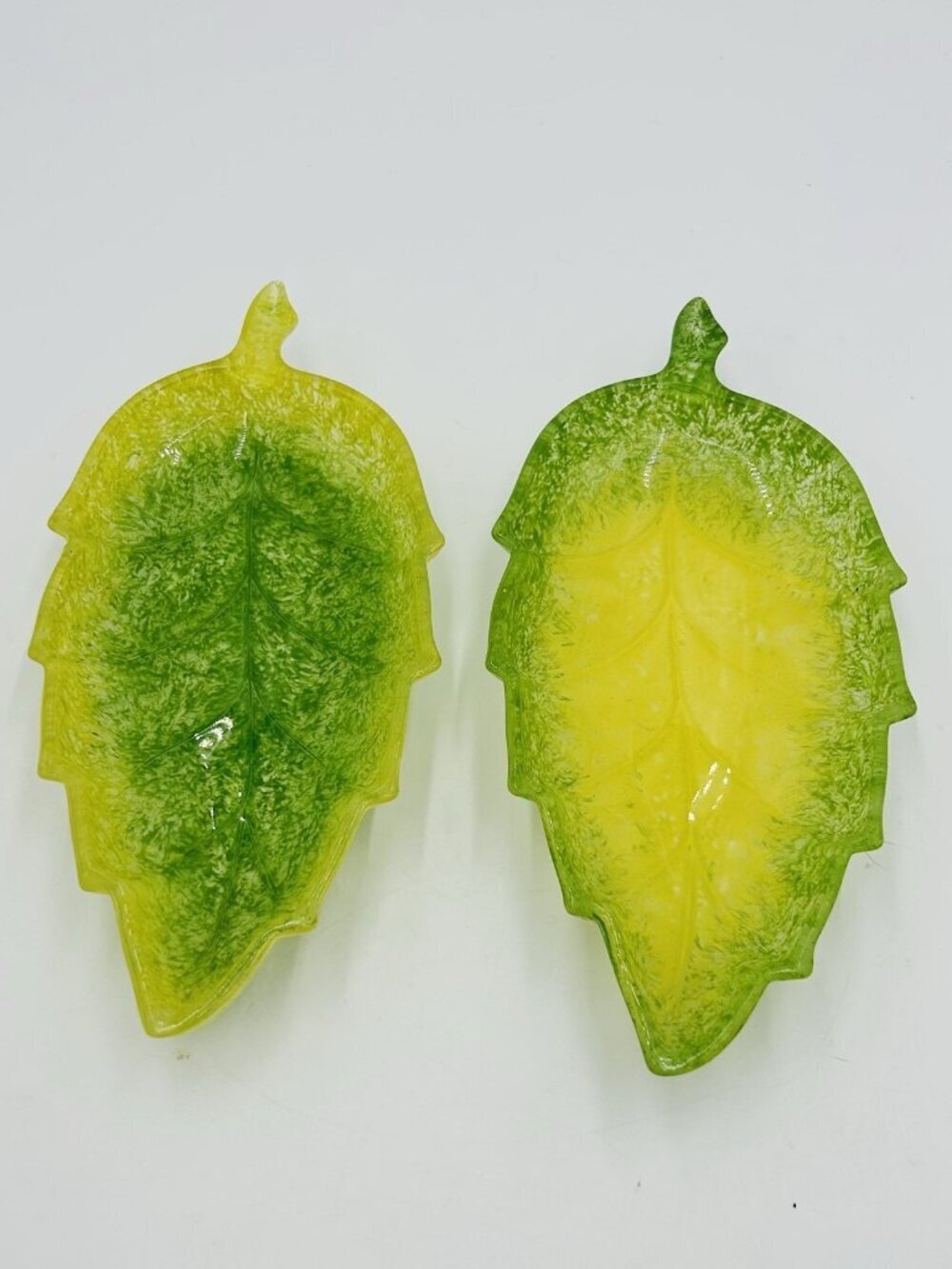 Green and Yellow Art Glass Leaf Serving Candy Trinket Dishes 10" x 4.5" Set of 2